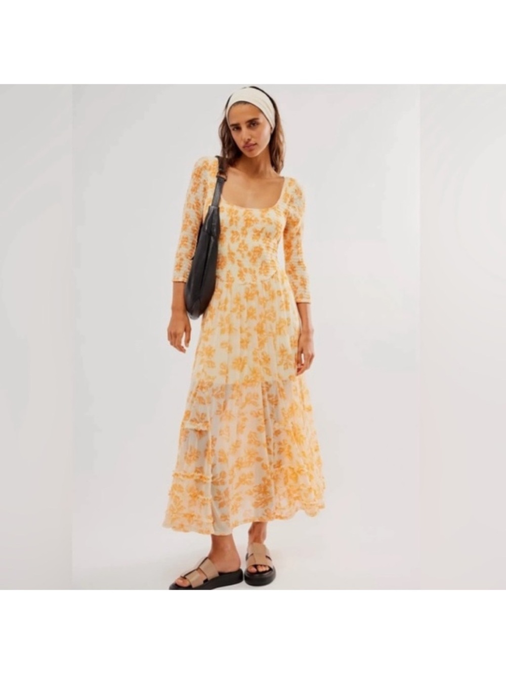 Free People It’s Fate Orange Smocked Floral Midi Dress ✨